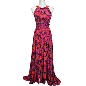 Abel the Label Floral Pink Red Slit Maxi Dress Halter Neck Size Small Open Back